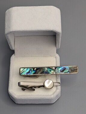 Abalone Inlay Tie Clip And Mother Of Pearl Silver Tone Tie Clip Set Mens
